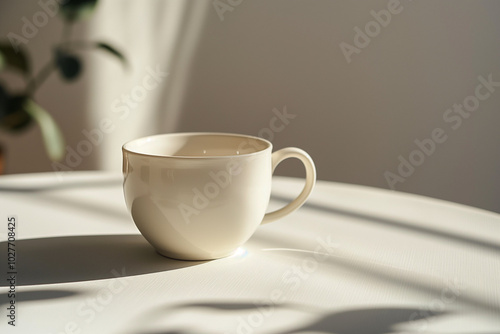 Single coffee cup on plain white table