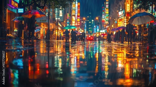 Colorful Night Scene with Glowing Lights and Reflections