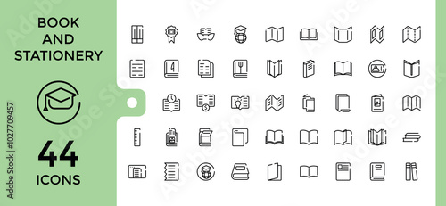 book and stationery icons set. Related to reading, library, ebook, notebook, magazine, guides. Editable stroke. pixel perfect. Vector illustration.