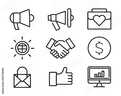 Business marketing thin line icon set. Containing sponsor, agreement, donation, handshake, partnership, trust, money, social media, megaphone, campaign, purchase, donation. Vector illustration