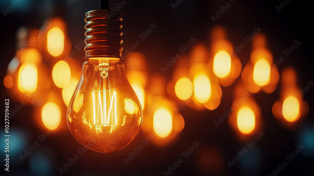 A single light bulb is lit up in a dark room A single light bulb is lit up in a dark room
