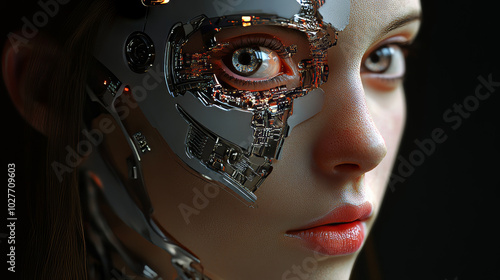 An illustration of a cyborg, combining the face of a real young woman with a 3D rendered robot head. The design blends human features with futuristic bionic elements, showcasing the seamless integrati photo