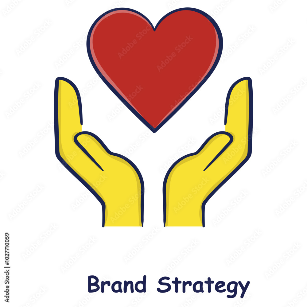 Vector icon for Brand Strategy. Depicts two hands holding a heart, symbolizing care, emotional branding, and building customer loyalty hand drawn. Vector icon for Brand Strategy. Depicts two hands holding a heart, symbolizing care, emotional branding, and building customer loyalty hand drawn.