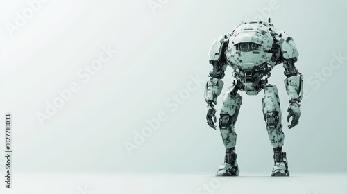 A 3D rendering of a sci-fi mech soldier standing on a white background. The military-grade robot features green and gray metal armor, with scratched details that suggest it’s seen battle. Controlled b