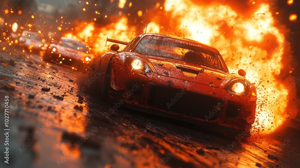 High-Octane Collision Scene of Cars Racing on a Track - Perfect for Automotive and Sports Usage High-Octane Collision Scene of Cars Racing on a Track - Perfect for Automotive and Sports Usage