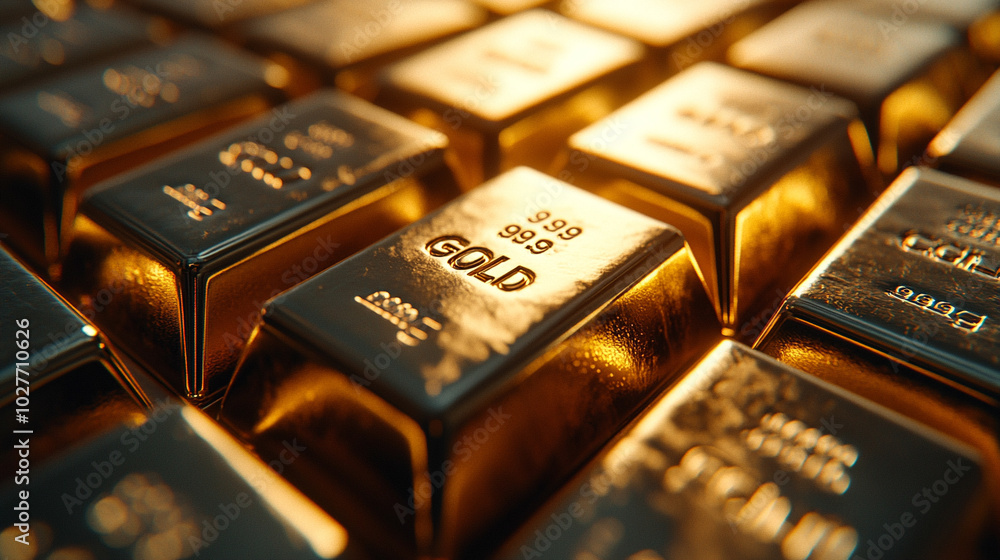 pure gold bars arranged neatly, symbolizing wealth, success, and financial stability. Represents luxury, prosperity, investment, and the allure of tangible assets pure gold bars arranged neatly, symbolizing wealth, success, and financial stability. Represents luxury, prosperity, investment, and the allure of tangible assets