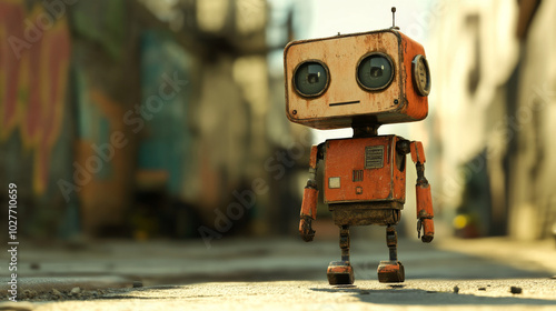 A 3D illustration of an old-fashioned robot cartoon walking in a cool, confident manner. The design combines vintage robot aesthetics with a playful, modern flair, showcasing the robot's unique, charm