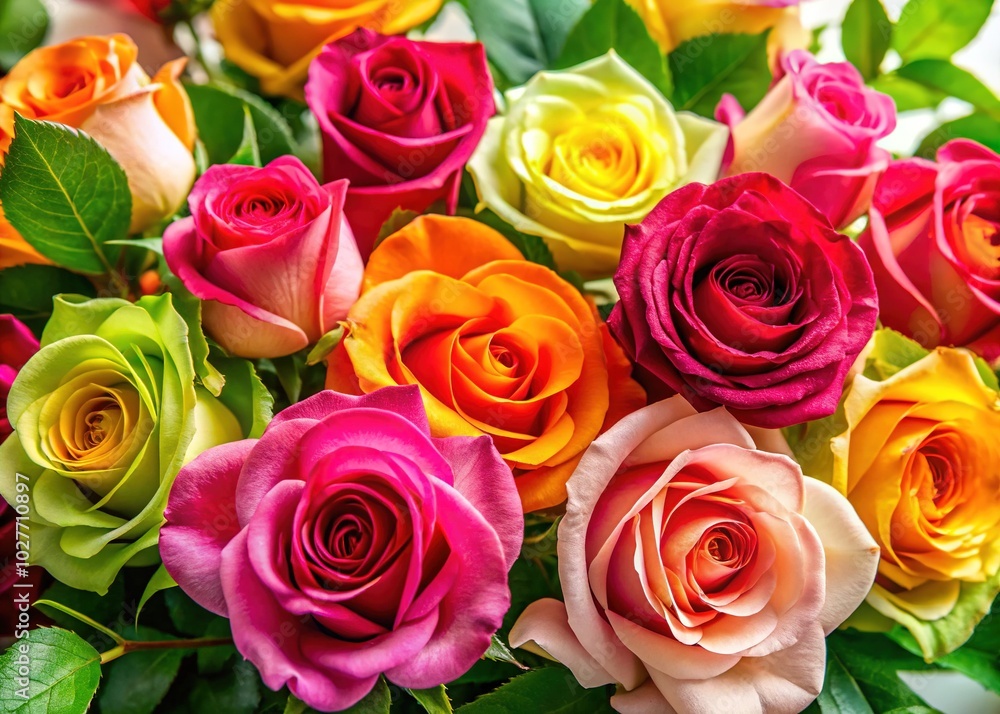 Close-Up of Elegant Roses with Green Leaves on White Background for Floral Photography