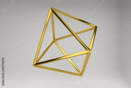 Realistic 3d rendering of golden octahedron. Modern background with geometric shape of Platonic solids. Geometric elements isolated on background with metallic color gradient..