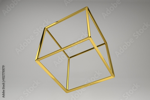 Realistic 3d rendering of golden hexagon, cube. Modern background with geometric shape of Platonic solids. Geometric elements isolated on background with metallic color gradient..