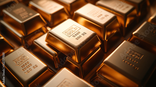 pure gold bars arranged neatly, symbolizing wealth, success, and financial stability. Represents luxury, prosperity, investment, and the allure of tangible assets