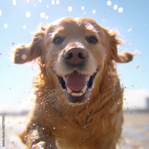 a golden retriever running on the beach