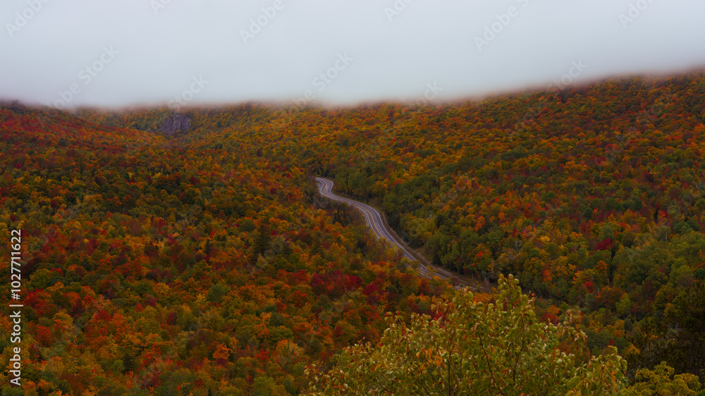 Fototapeta premium Epic Autumn Road On Cloudy Day Fall Foliage Forest. Curvy Scenic Byway Winds Though Colorful Trees Adirondacks New York View From Above