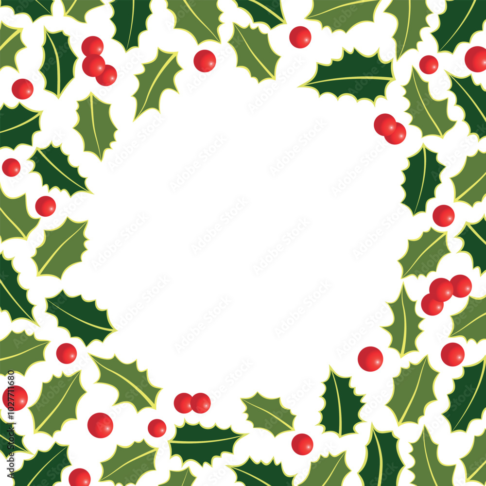 Christmas Holiday Card and Invitation Template with Holly Leaves and Berries. Vector Oval Frame Background Christmas Holiday Card and Invitation Template with Holly Leaves and Berries. Vector Oval Frame Background