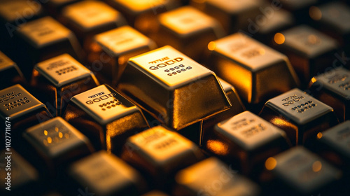 pure gold bars arranged neatly, symbolizing wealth, success, and financial stability. Represents luxury, prosperity, investment, and the allure of tangible assets