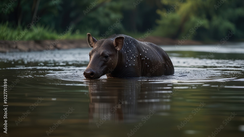 A tapir wading in a calm river, its head dipping into the water to drink. A tapir wading in a calm river, its head dipping into the water to drink.