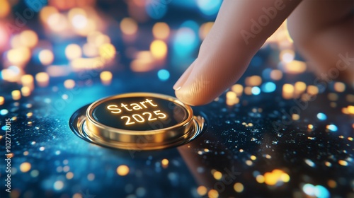 Woman's Hand Pushing Black 3D Button with Gold 'Start 2025' Typography, Symbolizing New Year Countdown and Fresh Beginning.
