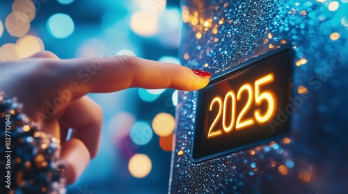 Woman's Hand Pushing Black 3D Button with Gold 'Start 2025' Typography, Symbolizing New Year Countdown and Fresh Beginning.