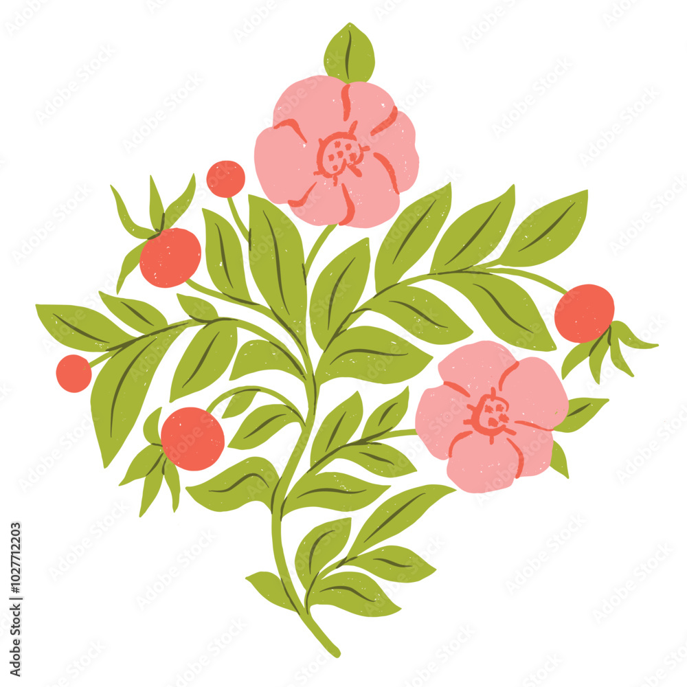 Rose Hip Blooming, Plants with Stems and Leaves. Vector Decorative Floral Design Element Rose Hip Blooming, Plants with Stems and Leaves. Vector Decorative Floral Design Element