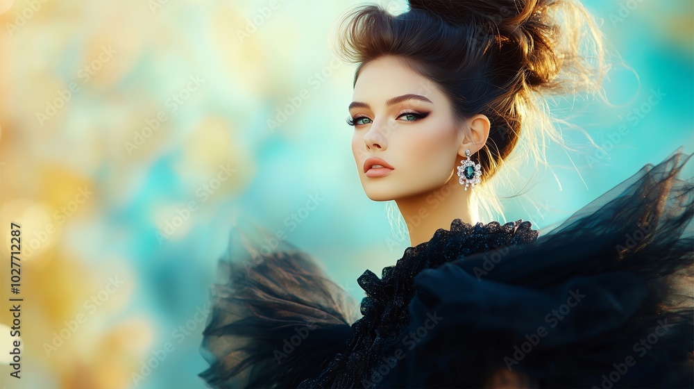 Elegant Woman in Black Dress and Hairstyle, Glamorous Look, Model as ...