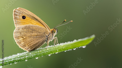 Macro shot of a butterfly resting on a wet blade of grass photo