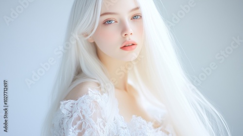 Portrait of a Woman in White Lace Dress, White Hair and Blue Eyes, Icy Winter Queen, Stylish Bride.