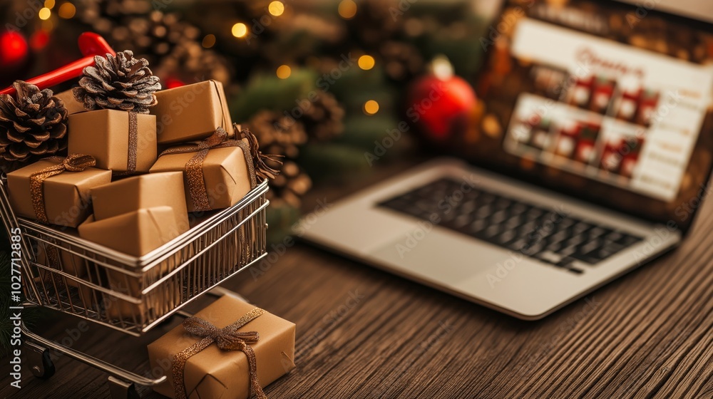 A shopping cart filled with gift boxes and pinecones placed next to a laptop on a wooden table, set against a festive Christmas background with warm lights, evoking online holiday shopping vibes A shopping cart filled with gift boxes and pinecones placed next to a laptop on a wooden table, set against a festive Christmas background with warm lights, evoking online holiday shopping vibes