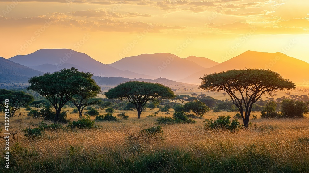 Breathtaking Sunset Over the Vast Savannah Landscape Breathtaking Sunset Over the Vast Savannah Landscape