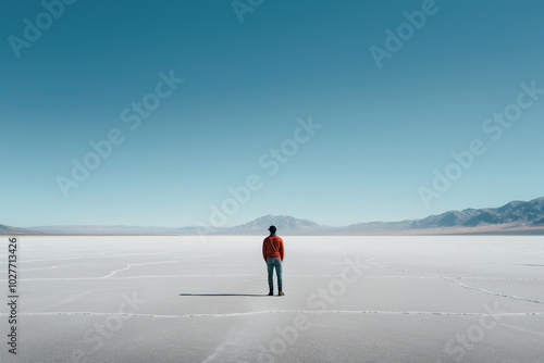 A solitary figure standing on a vast empty plain