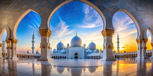 holy month,Ramadan, Islam, background, A vibrant Ramadan Kareem background featuring a fisheye view of a white mosque arch symbolizing the spirituality and celebration of the holy month