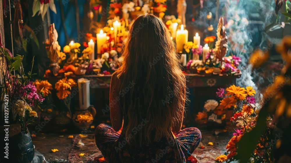 Woman Praying at a Serene Floral Altar Woman Praying at a Serene Floral Altar