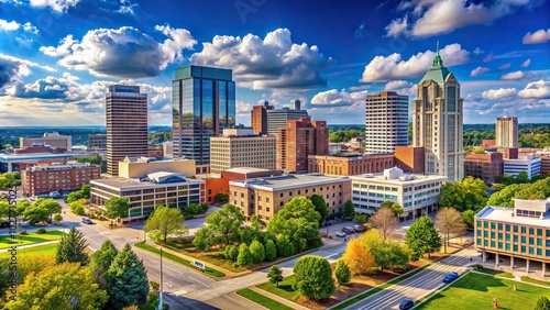 ty in North Carolina USA is beautifully captured in this panoramic stock photo The skyline showcases the city s architectural charm with a mix of historic and modern buildings set against a blue sky