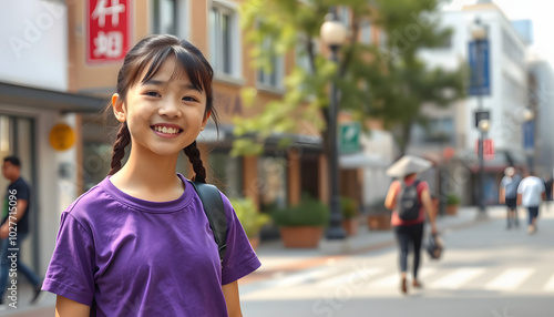 Photo of positive good mood girl dressed purple t-shirt smiling walking street outdoors uban city town isolated with white highlights, png