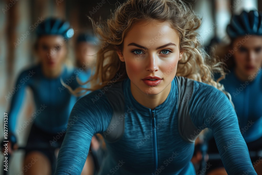 Young female cyclists participating in a competitive training session indoors during the day Young female cyclists participating in a competitive training session indoors during the day