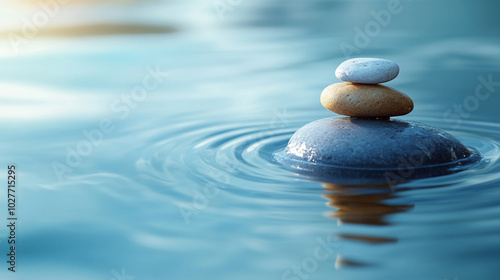 Smooth stones arranged in water, creating gentle ripples that radiate outward. Symbolizes inner peace, meditation, and the interconnectedness of thoughts and actions in a serene environment