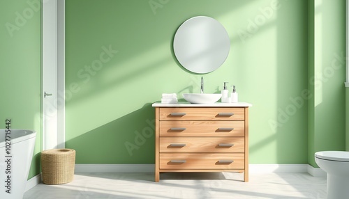 Chest of drawers with sink and bath supplies near green wall in bathroom isolated with white highlights, png photo