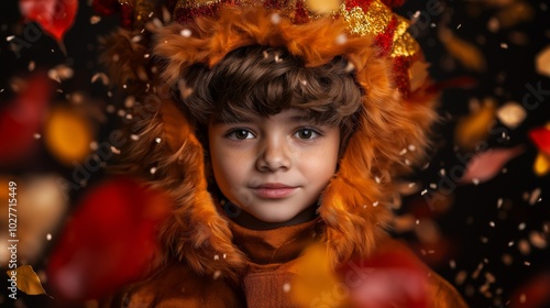 A young boy wearing an orange Chinese lion headpiece with golden details, surrounded by festive elements and swirling leaves, symbolizing culture, celebration, and tradition in a joyful atmosphere