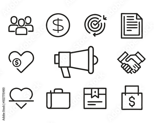Business marketing thin line icon set. Containing sponsor, agreement, donation, handshake, partnership, trust, money, social media, megaphone, campaign, purchase, donation. Vector illustration