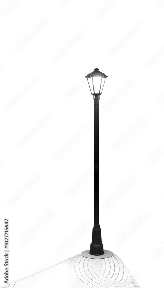 A black pole with a white light on top is on a sidewalk isolated with white highlights, png A black pole with a white light on top is on a sidewalk isolated with white highlights, png