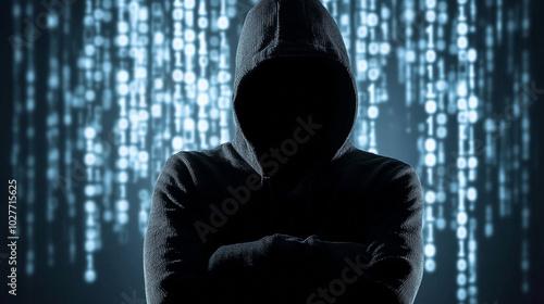 Create a visual representation featuring a young hacker engaged in a data security scenario. The design should emphasize themes of cybersecurity, showcasing the skills and tools used to protect sensit photo