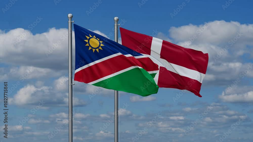 Denmark and Namibia flags flying together, video concept of the relationship, two country relations concept Denmark and Namibia flags flying together, video concept of the relationship, two country relations concept