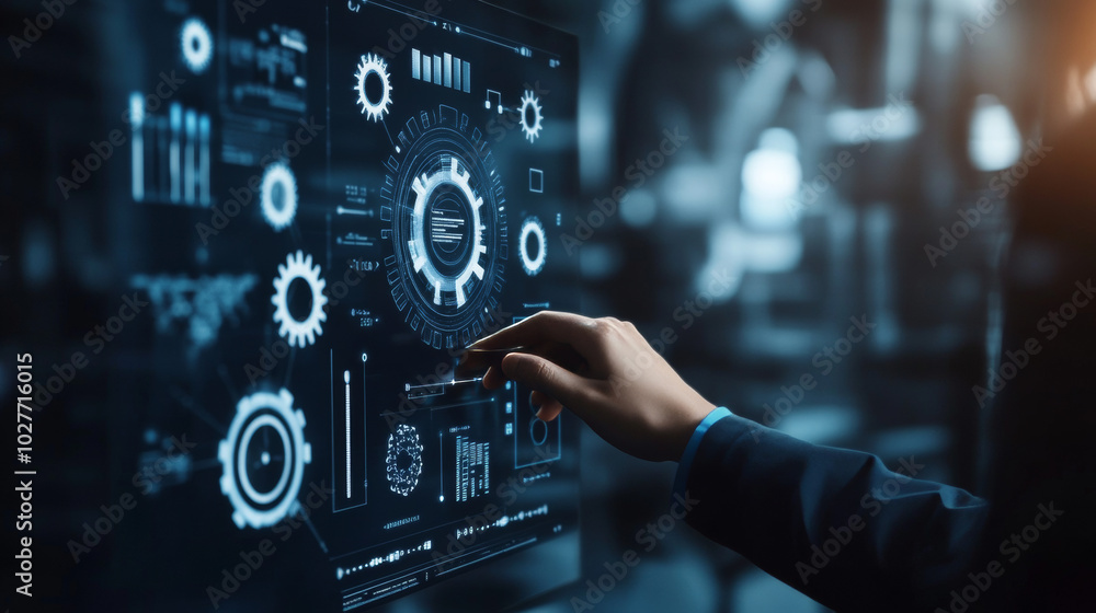 Design a visual that showcases workflow graphs, charts, and icons related to business processes displayed on a virtual screen. This representation should highlight the integration of automation techno Design a visual that showcases workflow graphs, charts, and icons related to business processes displayed on a virtual screen. This representation should highlight the integration of automation techno