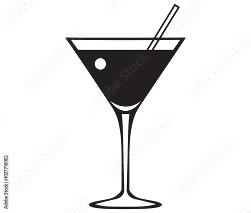 Cocktail glass icon, Martini glass with ice, Silhouette alcohol vector