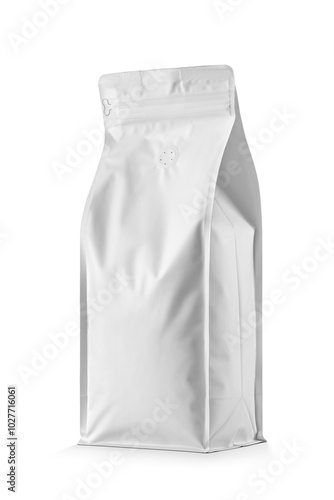 Blank white aluminum foil pouch bag with one-way air valve for coffee packaging isolated. Transparent PNG image. photo