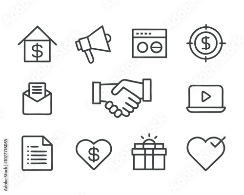 Business marketing thin line icon set. Containing sponsor, agreement, donation, handshake, partnership, trust, money, social media, megaphone, campaign, purchase, donation. Vector illustration
