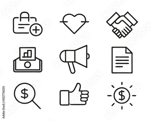 Business marketing thin line icon set. Containing sponsor, agreement, donation, handshake, partnership, trust, money, social media, megaphone, campaign, purchase, donation. Vector illustration