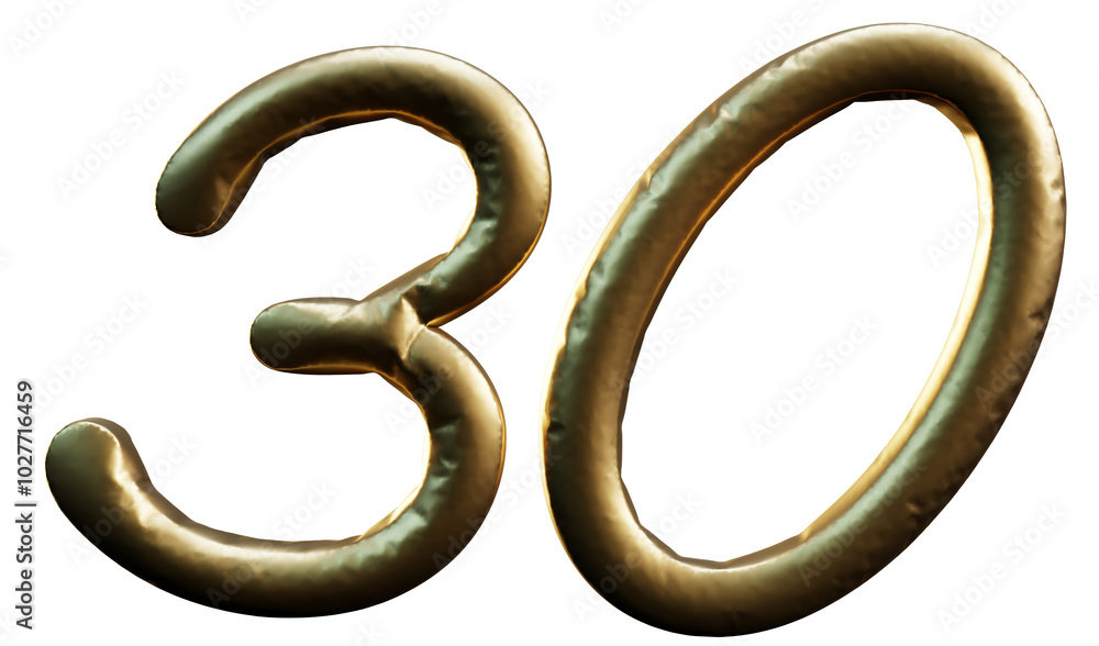 Number 30 thirty, made of golden inflatable helium balloon. Gold foil balloon font part of full set of numbers, isolated on transparant background. Birthday party celebration. 3d rendering Number 30 thirty, made of golden inflatable helium balloon. Gold foil balloon font part of full set of numbers, isolated on transparant background. Birthday party celebration. 3d rendering