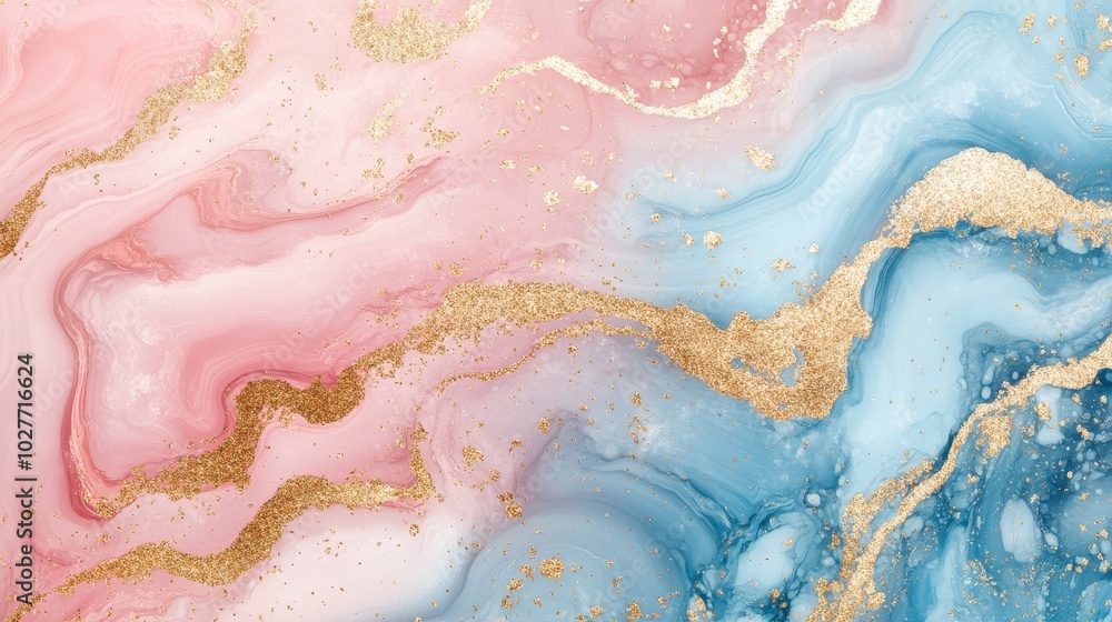 Obraz premium A pink and blue marble liquid texture with gold splashes on a luxury background