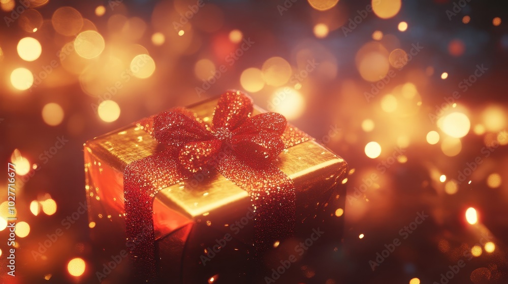 Christmas present. A beautifully wrapped golden gift box, adorned with an elegant red bow, shines brightly amidst glimmering bokeh lights. Image made using Generative AI. Christmas present. A beautifully wrapped golden gift box, adorned with an elegant red bow, shines brightly amidst glimmering bokeh lights. Image made using Generative AI.