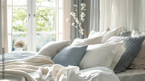 Serene bedroom interior with cozy pillows and springtime decor by sunlit window